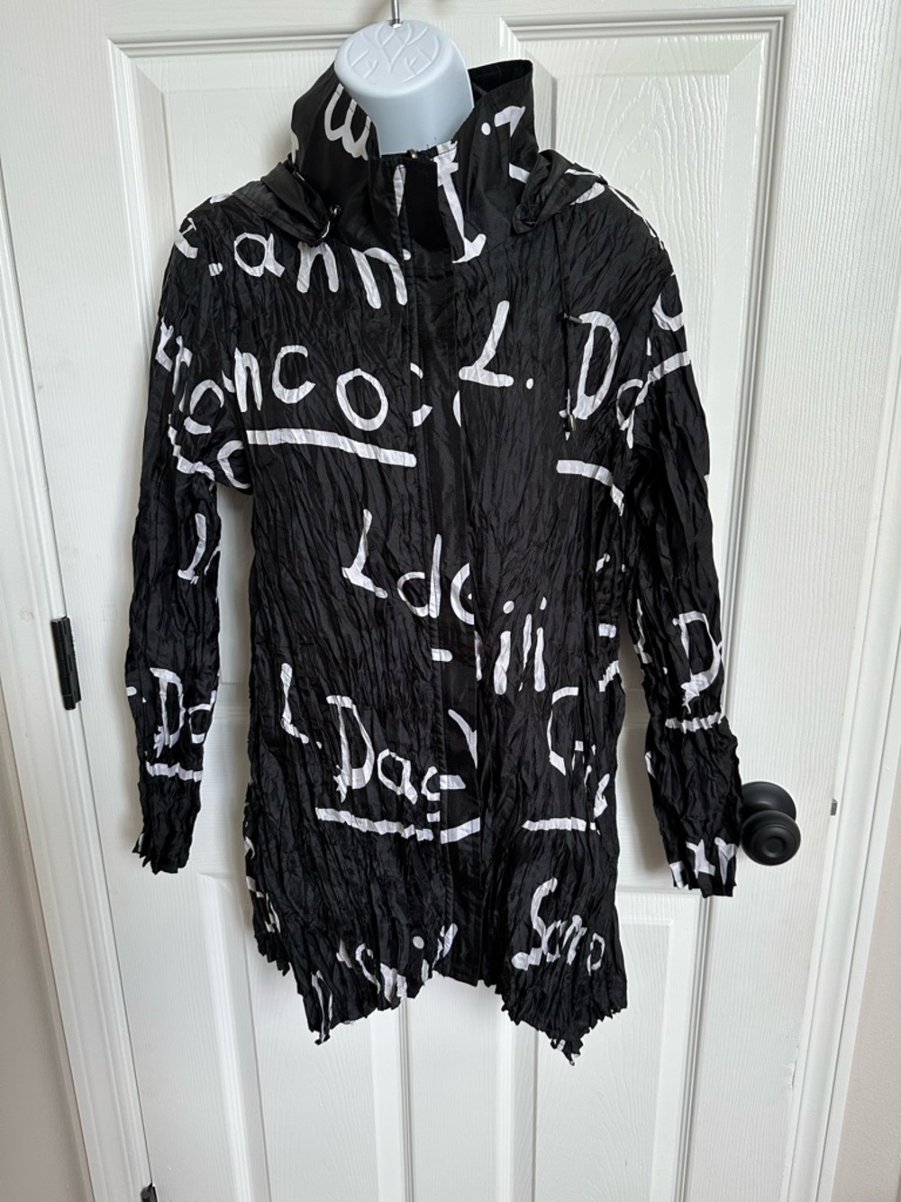 Black & White Graphic Trench Coat - Women's Lightweight Hooded Jacket